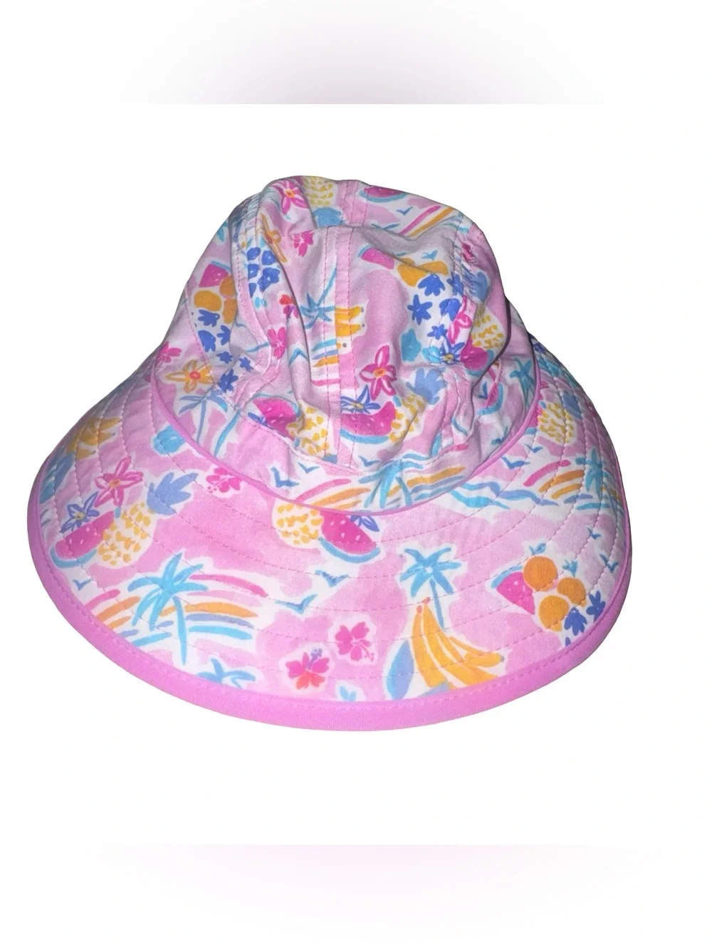 Coolibar Pink Tropical Bucket Hat with Blue and Yellow Accents